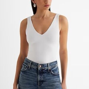 Express Body Contour High Compression White Double V-Neck Tank